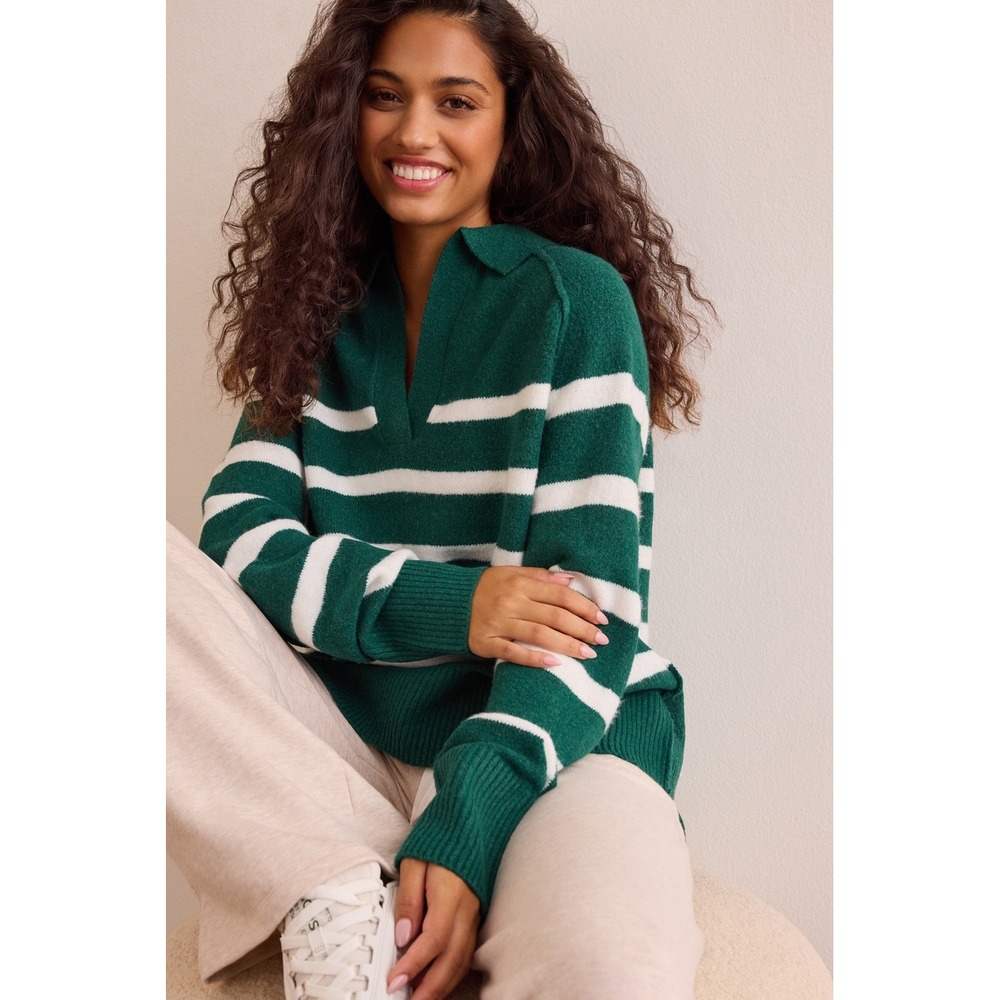 AS Revival Striped V-Neck Polo Sweater Green Ivory Size Medium NWT